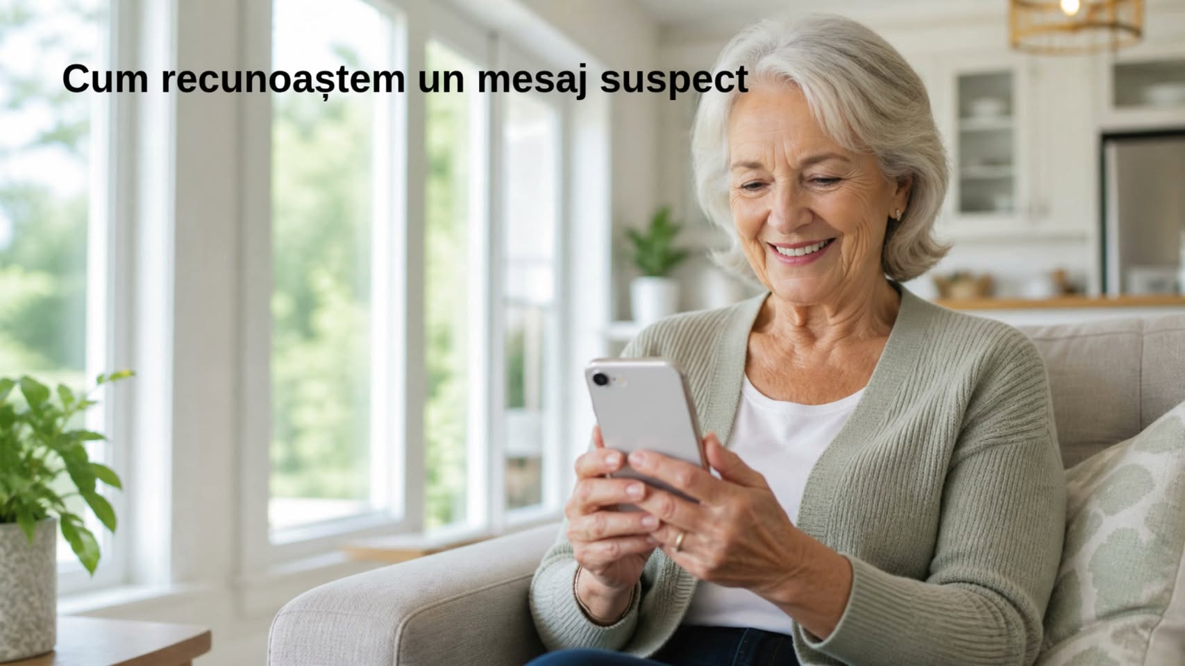 O doamnă folosește telefonul; imagine din materialele Seniori Conectați de pe Facebook