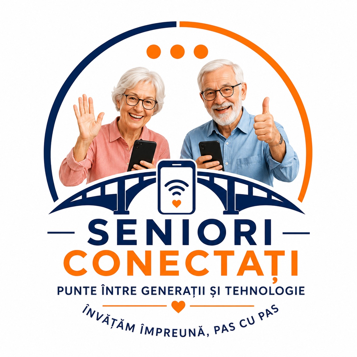 Sigla actuală Seniori Conectați, cu doi seniori și mesajul Învățăm împreună, pas cu pas