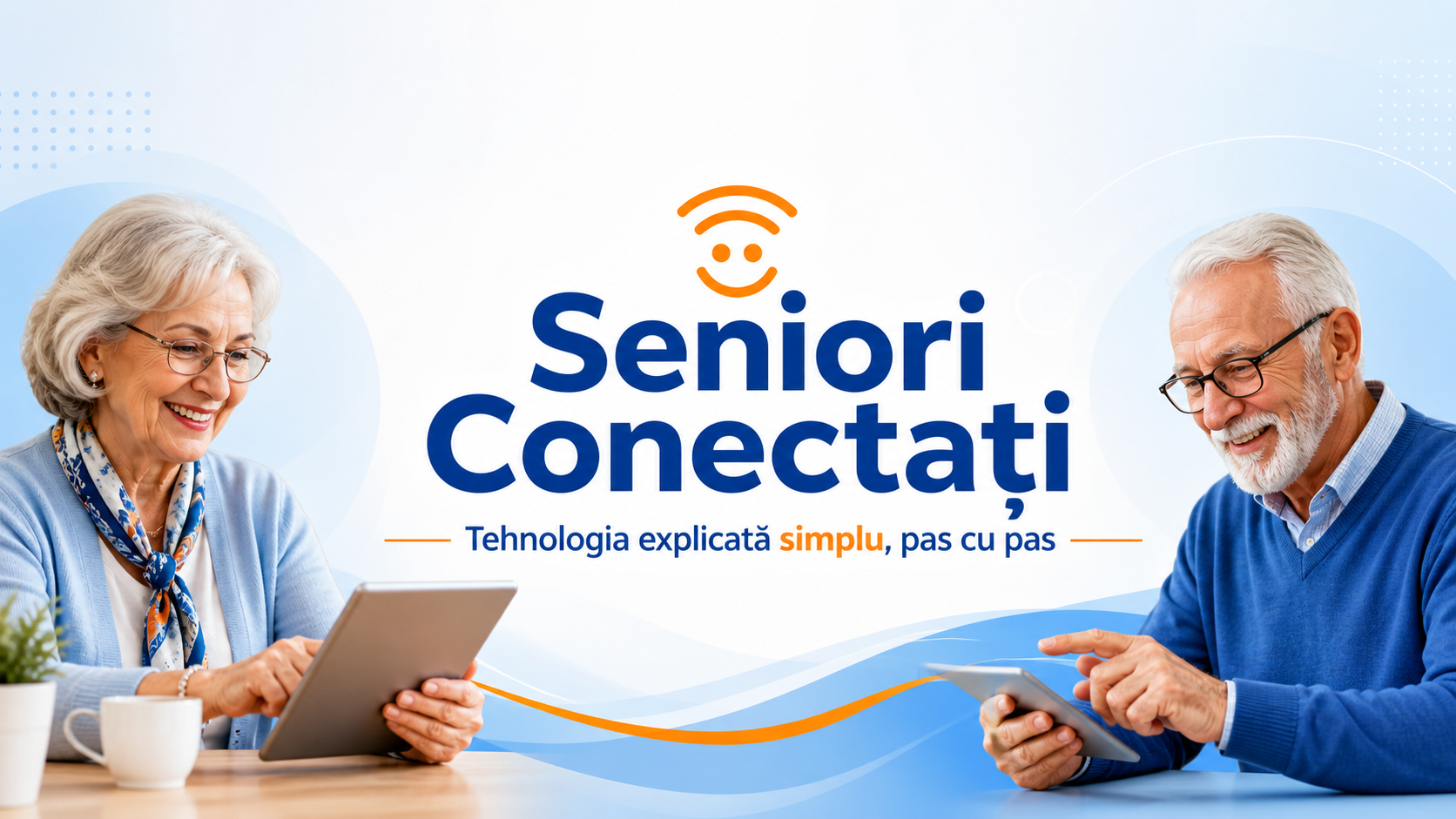 O doamnă și un domn folosesc tablete, în imaginea Seniori Conectați